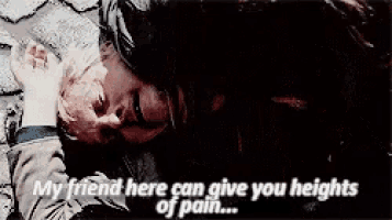 two women are talking to each other and one of them is saying `` my friend here can give you heights of pain '' .