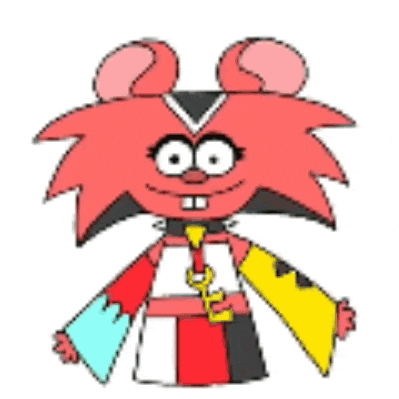 a cartoon drawing of a red squirrel wearing a red , white and yellow outfit .