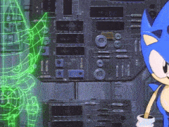 sonic the hedgehog is standing in front of a circuit board that says r301 on it