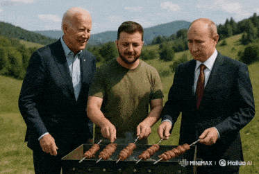 three men are grilling shish kebabs in a field sponsored by minimox