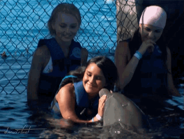 a woman petting a dolphin in the water with a watermark that says don virtual