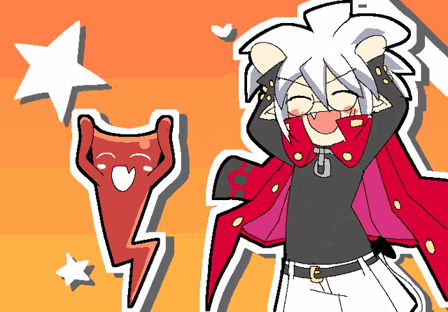 a cartoon drawing of a red lightning bolt and a devil with a letter g on his chest
