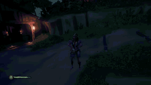 a screenshot of a video game shows a samurai standing in the dark