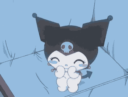 a cartoon character with a skull on its head is sitting on a bed with her eyes closed .
