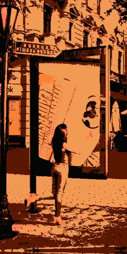 a drawing of a woman standing in front of a bus stop with a sign that says ' bank ' on it