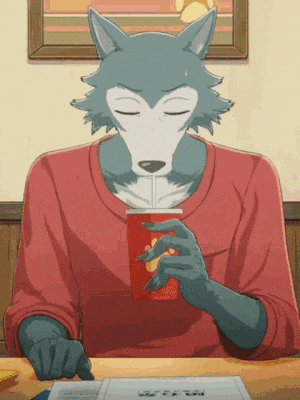 a wolf is sitting at a table drinking from a red cup .