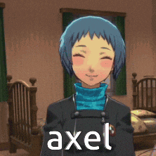a cartoon character with blue hair and the name axel on the bottom