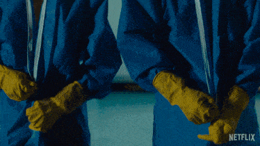 two people wearing blue suits and yellow gloves with a netflix logo on the bottom