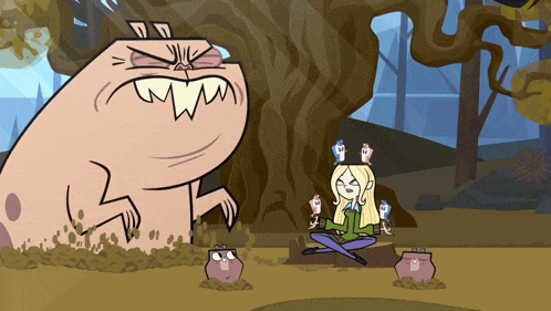 a cartoon of a girl sitting in the dirt with a monster