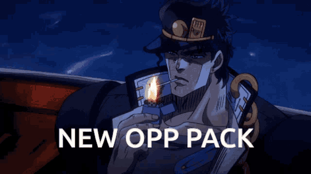 a cartoon character is smoking a cigarette with the words new opp pack below him