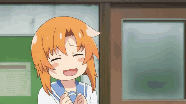 a cartoon character with orange hair is smiling with her eyes closed in front of a green board