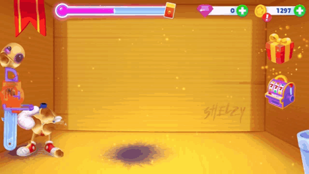 a video game screen shows a slot machine and a sign that says skeletzy