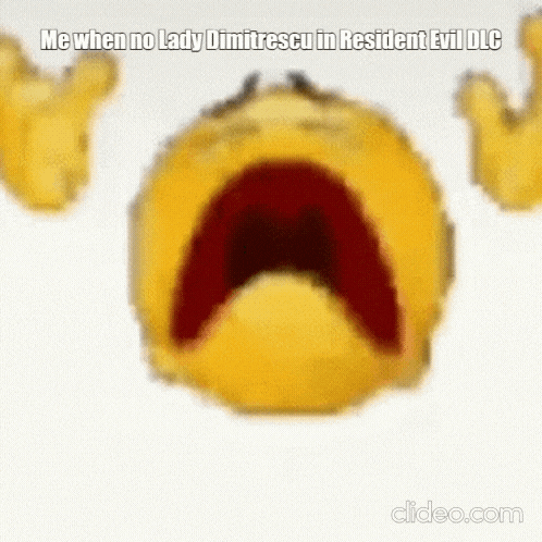 a crying smiley face with the words `` me when no lady dimitrescu in resident evil dlc '' written below it .