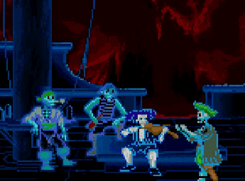 a pixel art of a group of people playing instruments