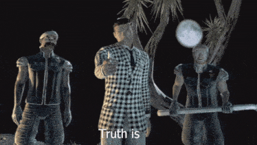 a man in a plaid suit is pointing at the camera with the words " truth is " above him