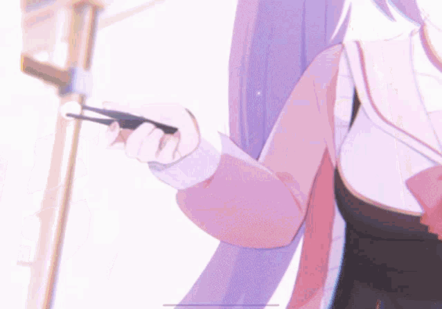 a girl with purple hair is holding a pair of chopsticks in her hand
