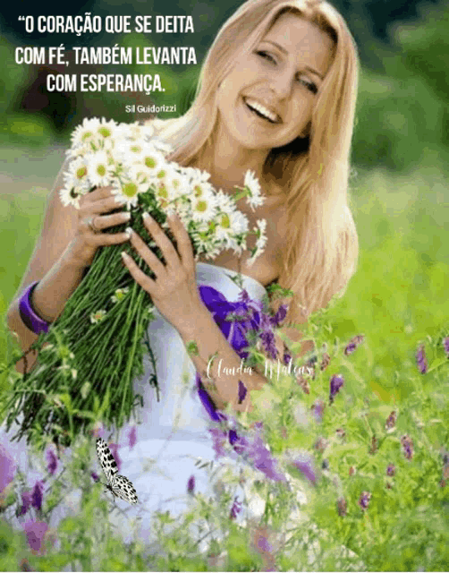 a woman holding a bouquet of daisies with a quote in the corner