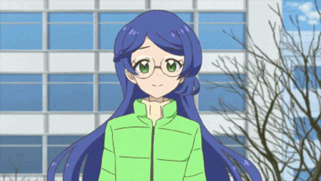 a girl with long blue hair and glasses is wearing a green jacket