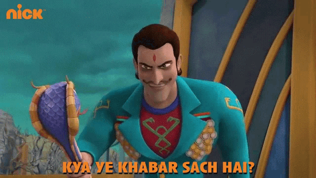 a cartoon character is holding a purple object and the words kya ye khabar sach hai are above him