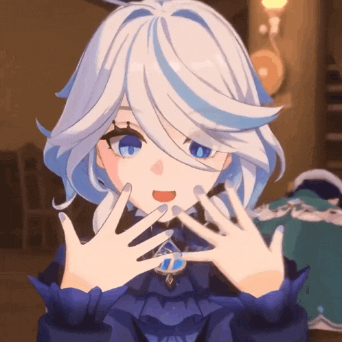 a close up of a girl with white hair and blue eyes making a heart with her hands .