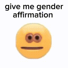 a person is holding a gun in front of a smiley face that says give me gender affirmation .