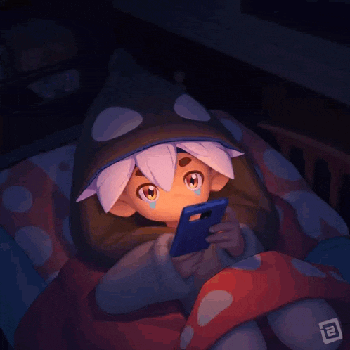 a cartoon character is laying in a bed looking at a cell phone