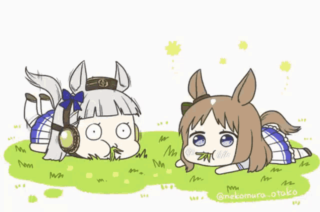 a cartoon of two horses laying in the grass with nekomura.otako written on the bottom