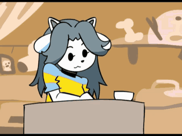 a cartoon of a cat sitting at a table with a cup of coffee