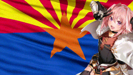 a girl in a knight costume is standing in front of a flag of arizona .