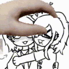 a hand is holding a drawing of two girls hugging each other .
