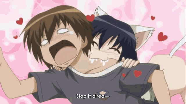 a girl with cat ears is hugging a boy who is screaming and says stop it area