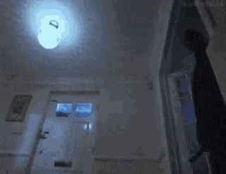 a hallway with a light on the ceiling that says d