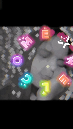 a girl 's face is surrounded by colorful icons including the letters e and m