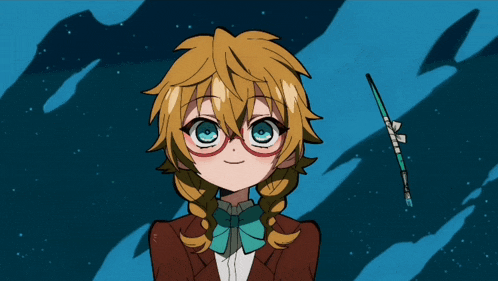 a girl with glasses and a bow tie is smiling and holding out her hand