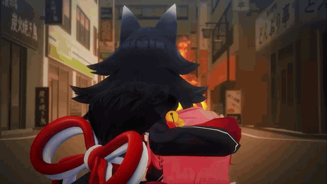a cartoon character is hugging another character in a city