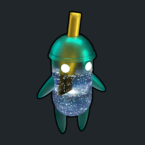 a cartoon character with a straw and a galaxy inside