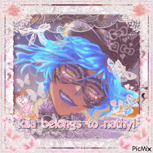 a picture of a girl with blue hair and a mask with the words ilia belongs to nathy