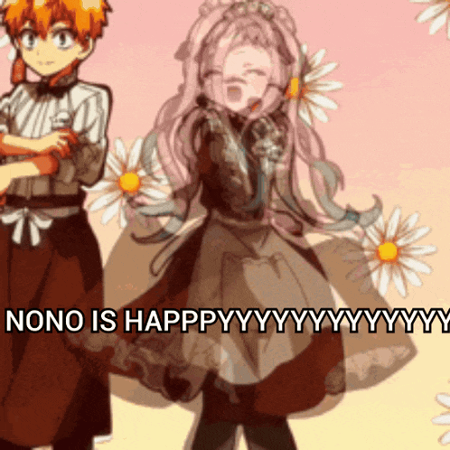 a boy and a girl are standing next to each other with the words " nono is happy " above them