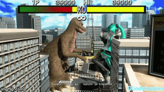 a screenshot of a video game shows hatsune miku fighting a giant dinosaur