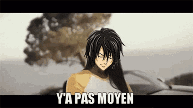 a woman with long black hair is standing in front of a car with the words y a pas moyen written on the bottom