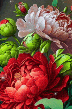 a painting of red and white flowers with green leaves and buds