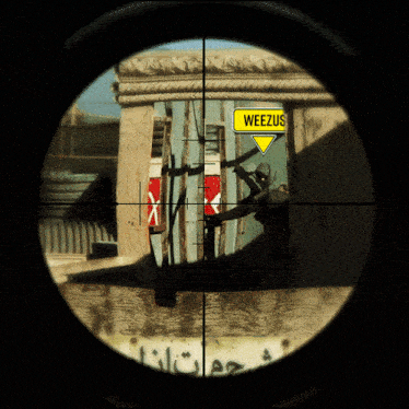 a sniper scope with a yellow sign that says weezus