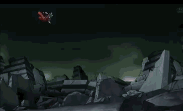 a cartoon of a man in red pants is walking across a rocky surface .