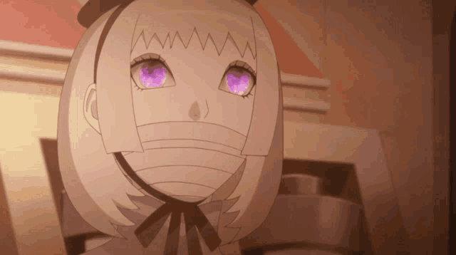 a cartoon character with purple eyes and a bow