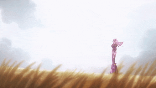 a girl with long pink hair stands in a field of tall grass