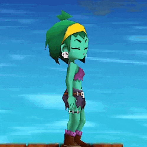 a cartoon character with green hair and a yellow headband