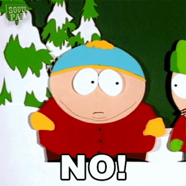 a cartoon character from south park is standing in the snow .