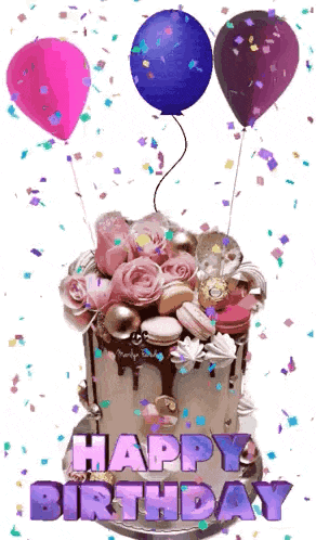a birthday cake with balloons and confetti and the words happy birthday written on it