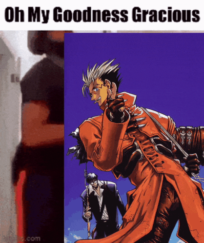 a man in an orange coat is holding a sword next to a man in a suit