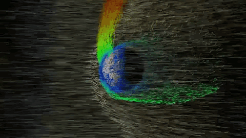 a painting of the earth with a rainbow of colors behind it